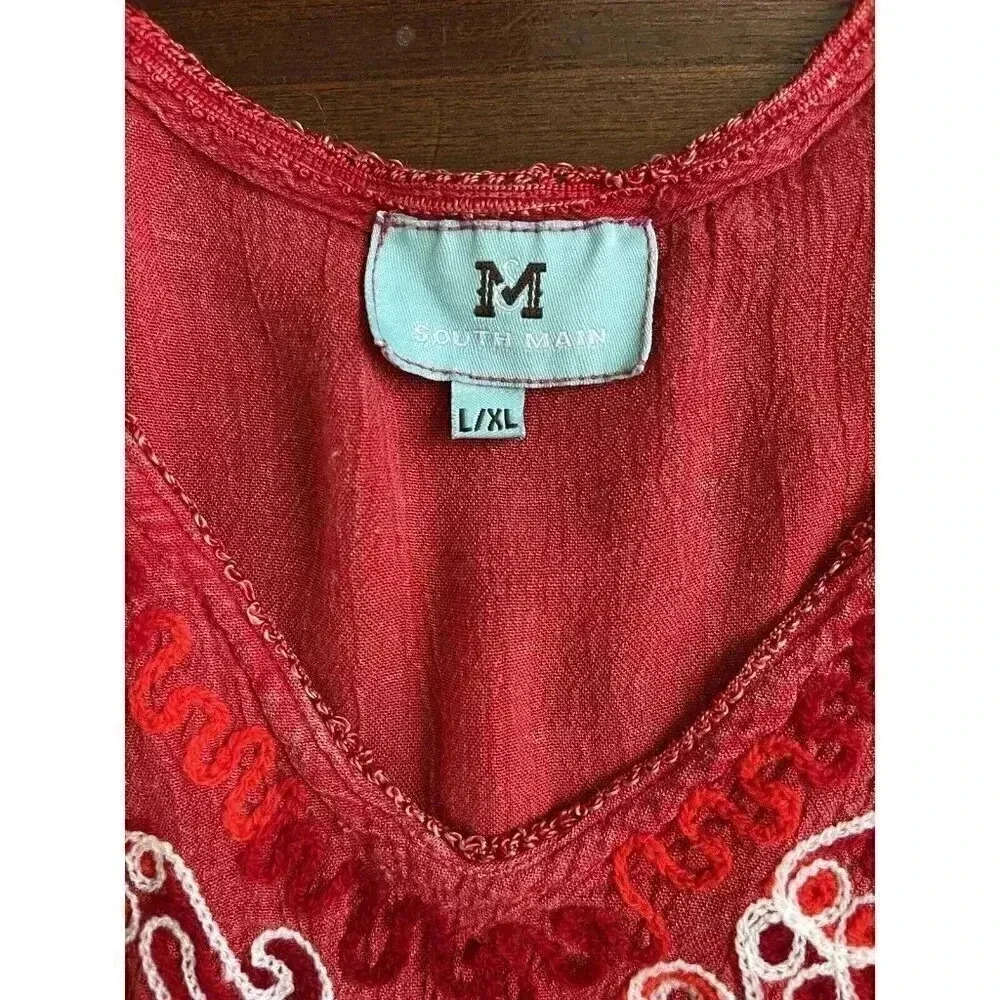 South‎ Main Dress Sz L/XL Red Embroidered Lace Hem Shoulder Slit Long Sleeve - Picture 7 of 11